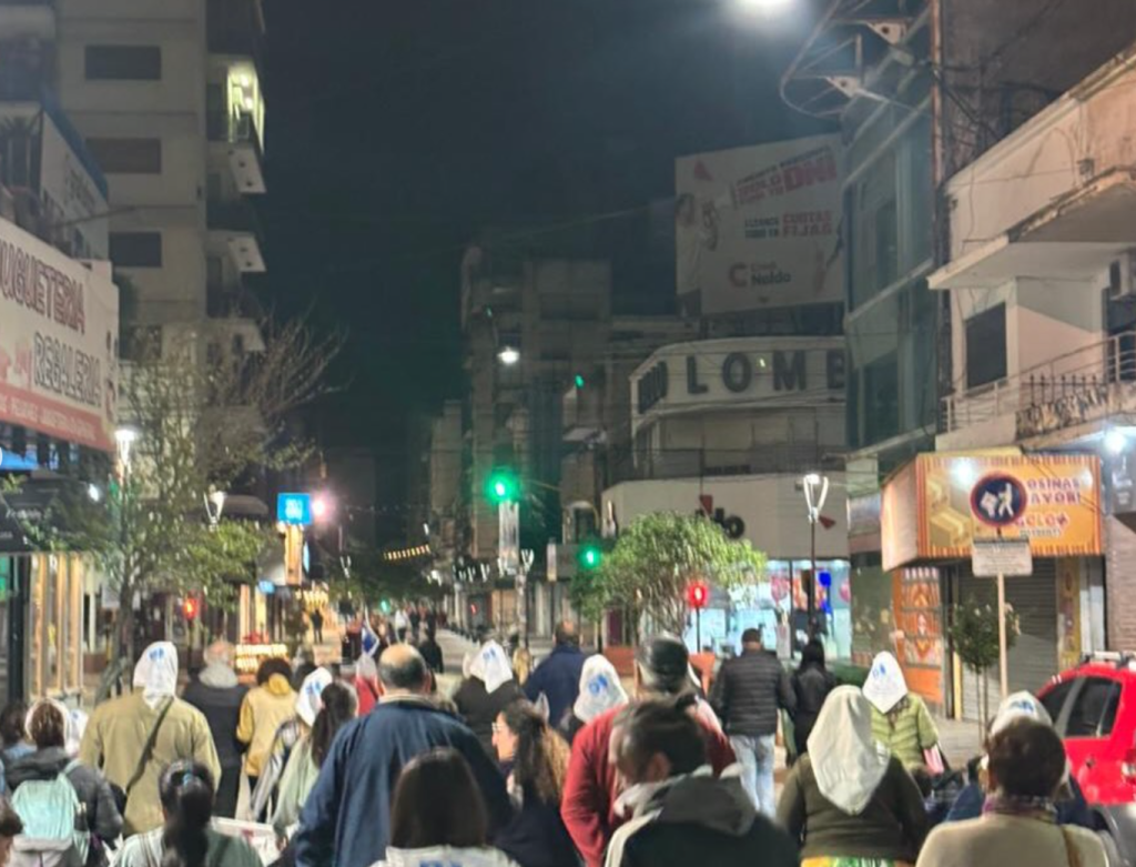 La marcha avanza por la calle del centro, con pañuelos blancos entre la gente.